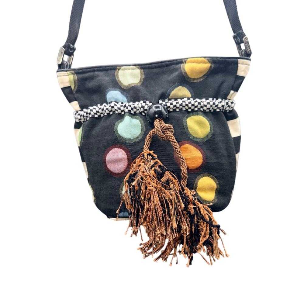 Silver Plum Polka Dot Bucket Crossbody Bag Tassel Whimsical Purse